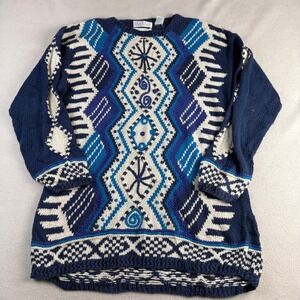 Segrets Sun Prints Hand Knitted Blue Geometric Ramie Cotton Sweater Large